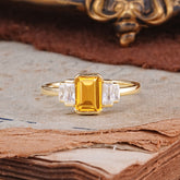 Emerald Cut Baguette Side Stones Citrine Engagement Ring